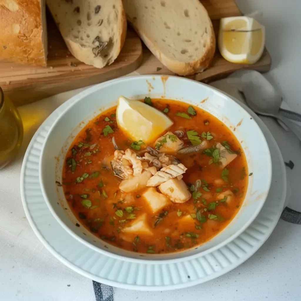 Bowl of Kakavia, traditional Greek fisherman's soup with fresh fish and herbs.