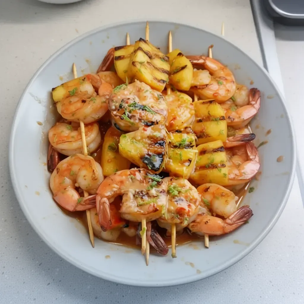 Grilled coconut and pineapple sweet chili shrimp served on a platter.