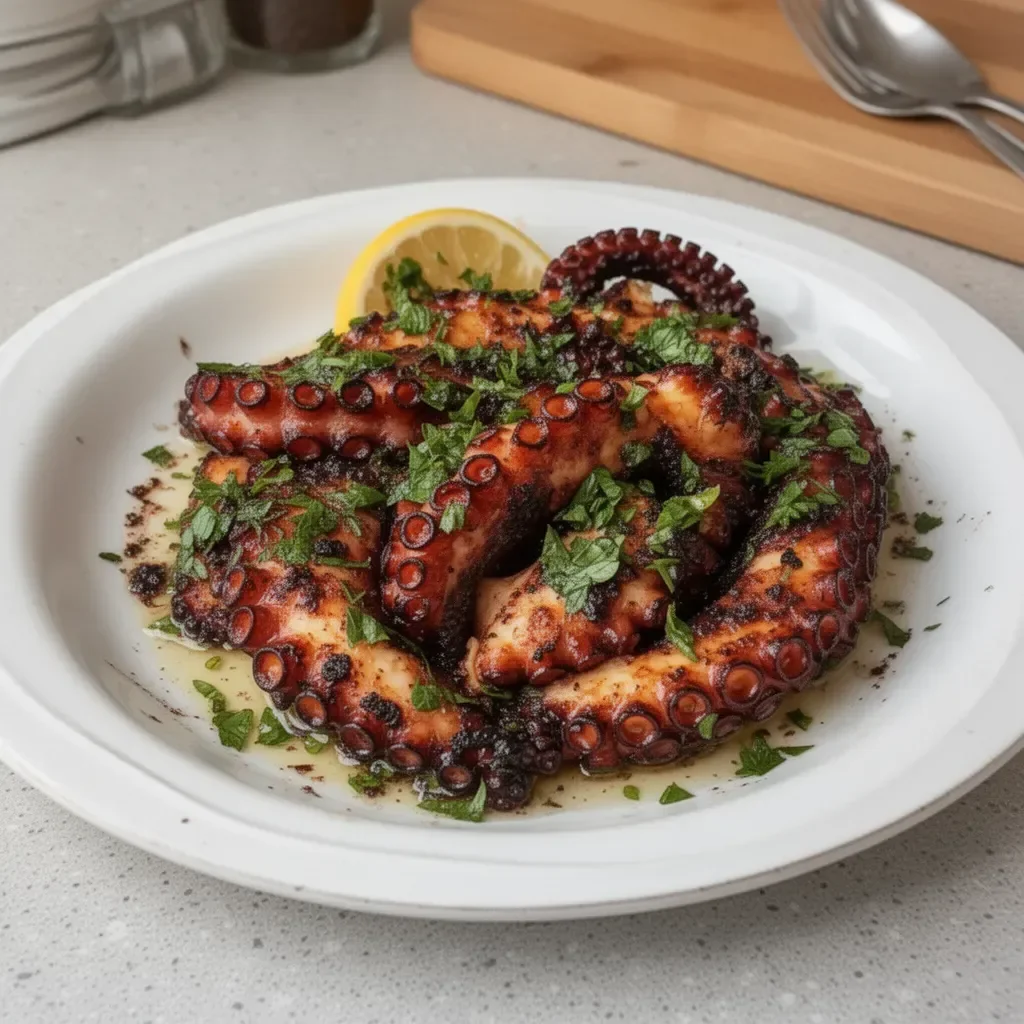 Delicious grilled octopus served with lemon and herbs