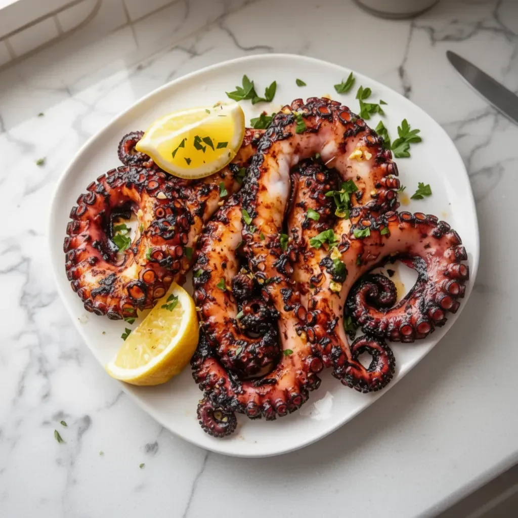 Grilled octopus garnished with herbs and lemon on a plate