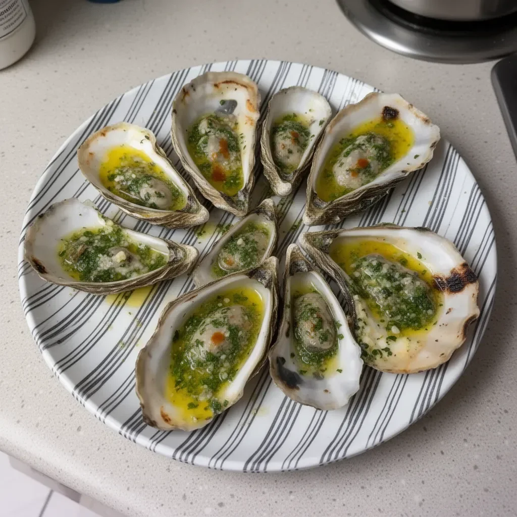 Grilled oysters topped with savory butter on a plate