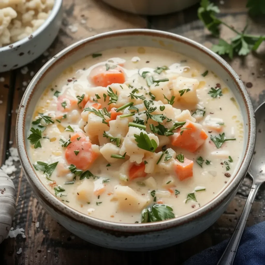 Bowl of delicious Halibut Chowder with fresh herbs and spices.