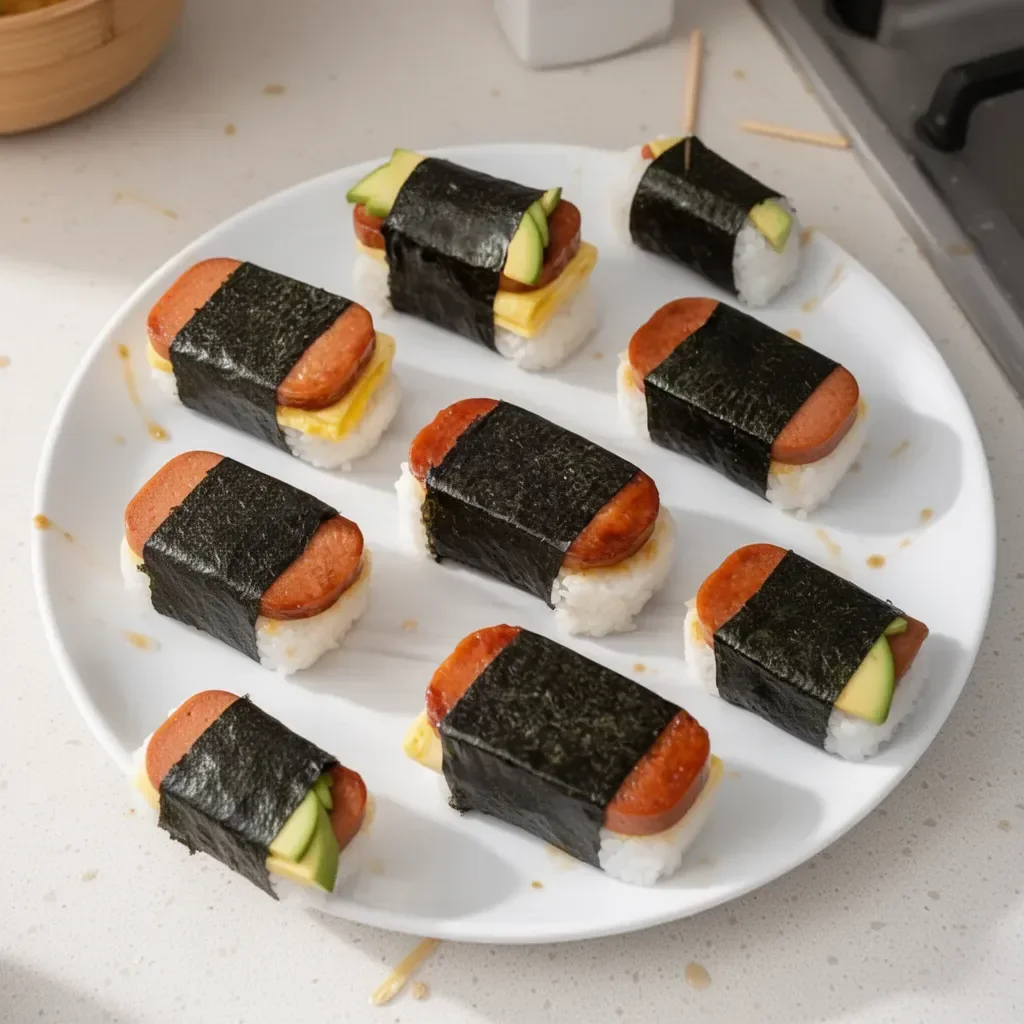 Hawaiian Spam Sushi rolls with vibrant ingredients and sushi rice