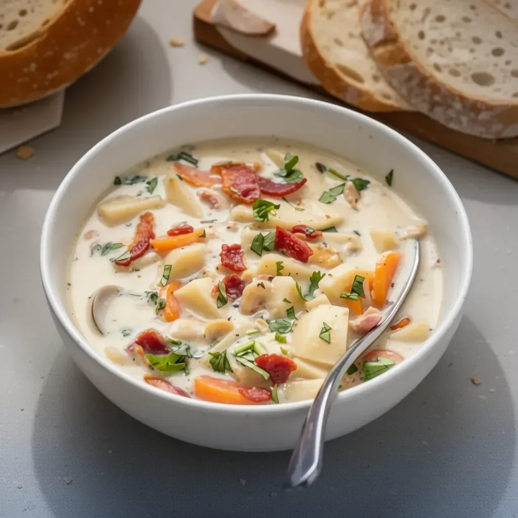 Bowl of homemade clam chowder with clams and herbs