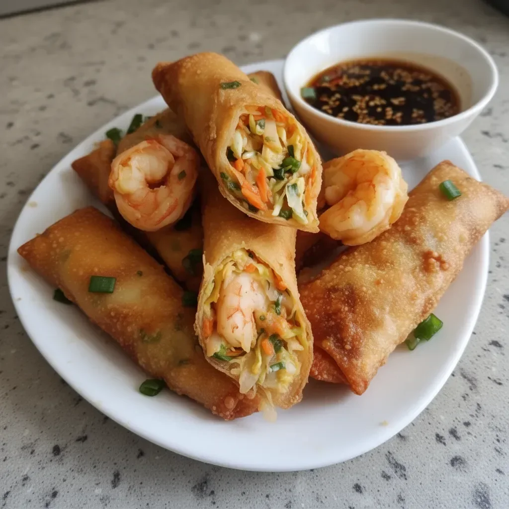 Delicious homemade shrimp egg rolls served with dipping sauce