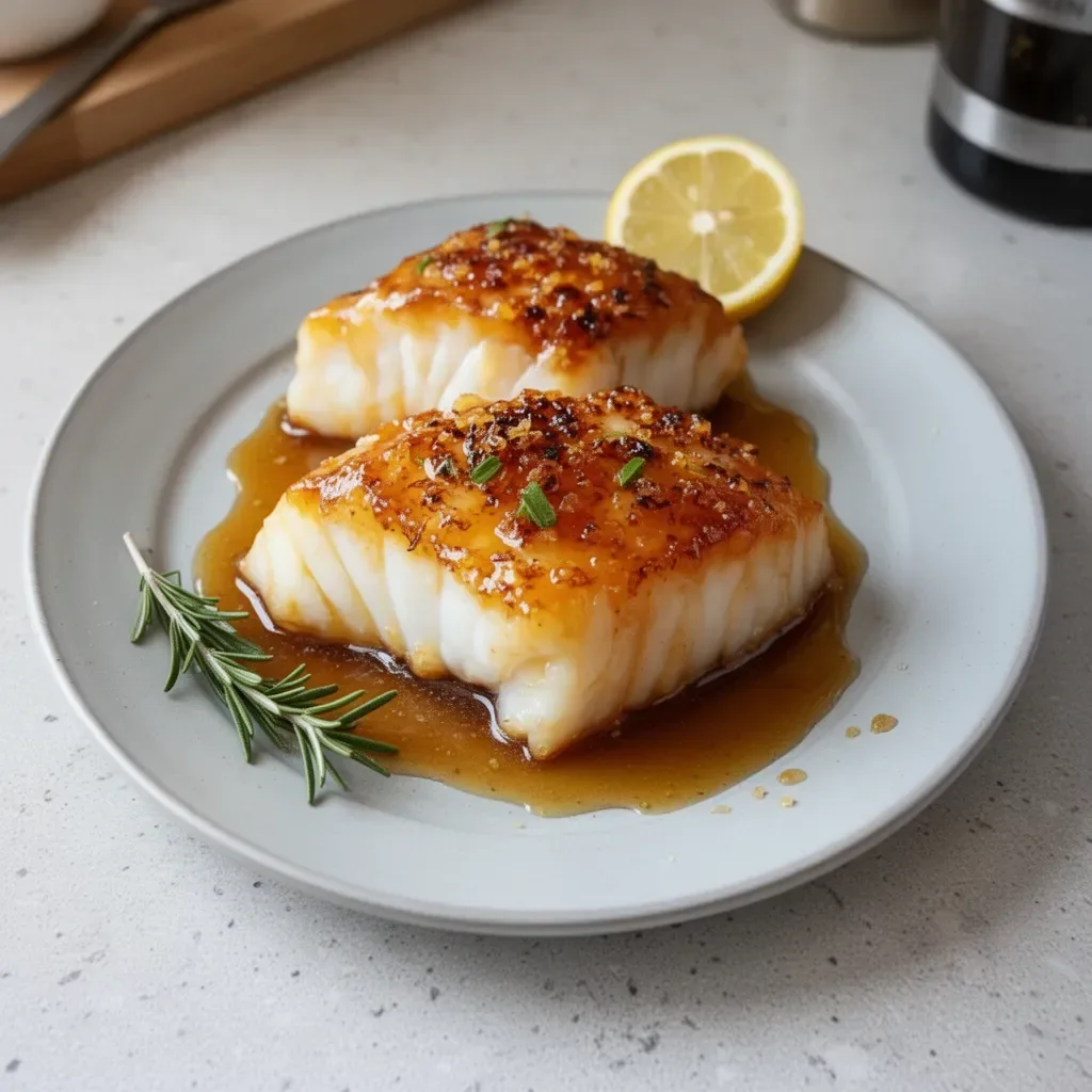 Delicious Honey Glazed Cod fillet served with vegetables
