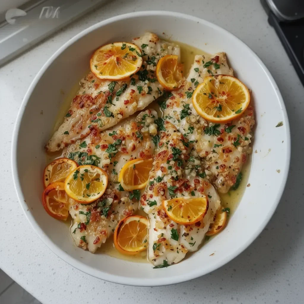 Baked sole fish with herbs and lemon on a plate