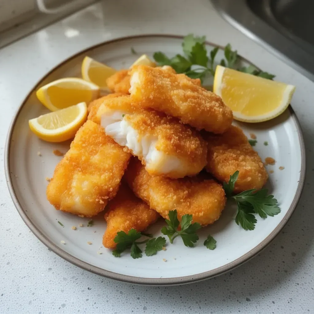 Golden fried cod fillets served on a plate with lemon wedges and tartar sauce.