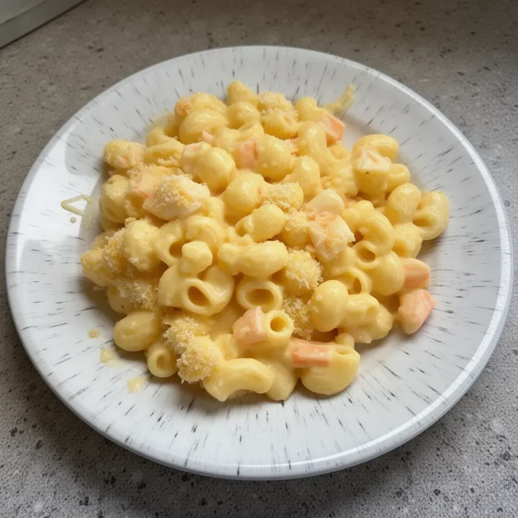 Bowl of creamy imitation crab mac and cheese topped with breadcrumbs