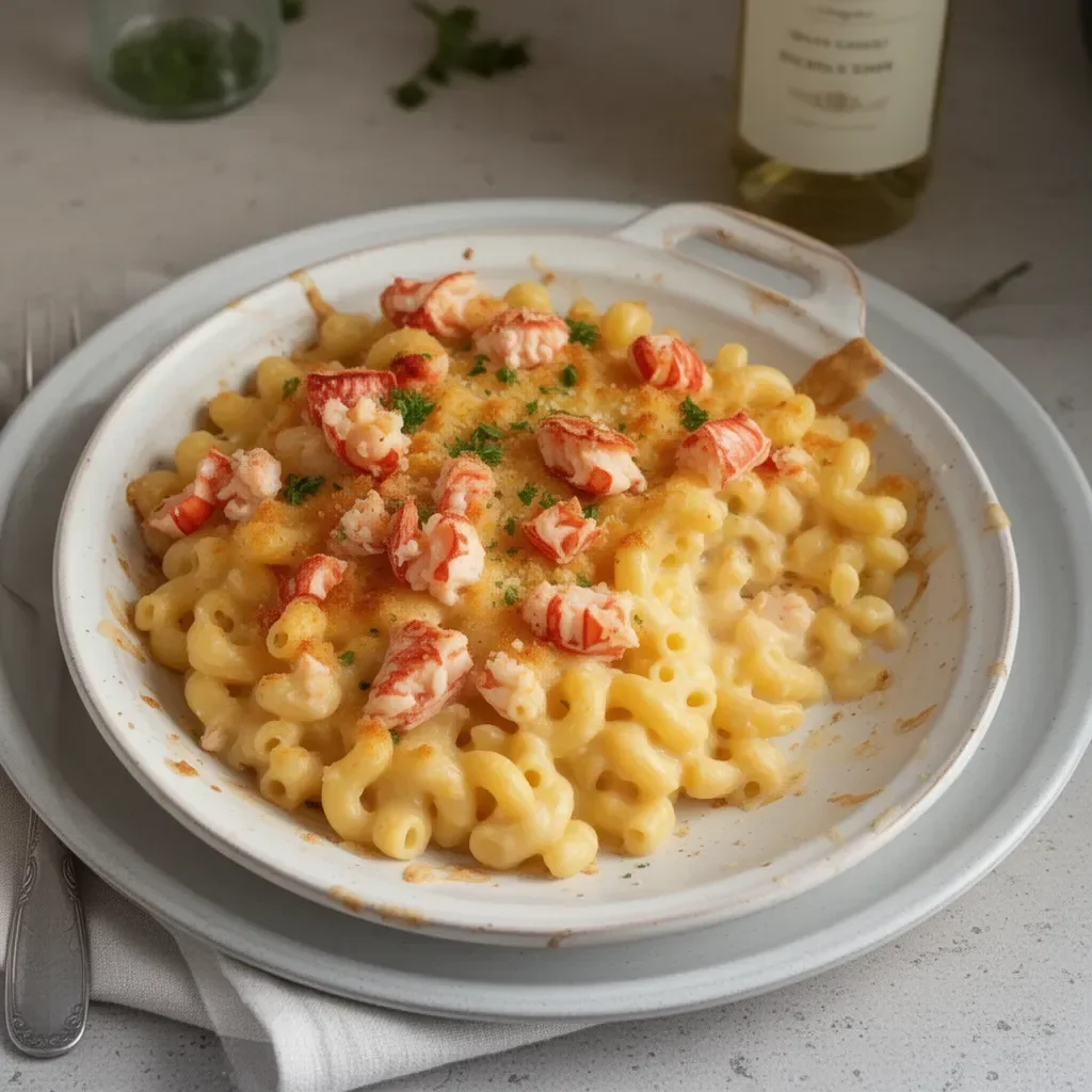 Ina Garten's decadent lobster mac and cheese dish served in a stylish bowl.