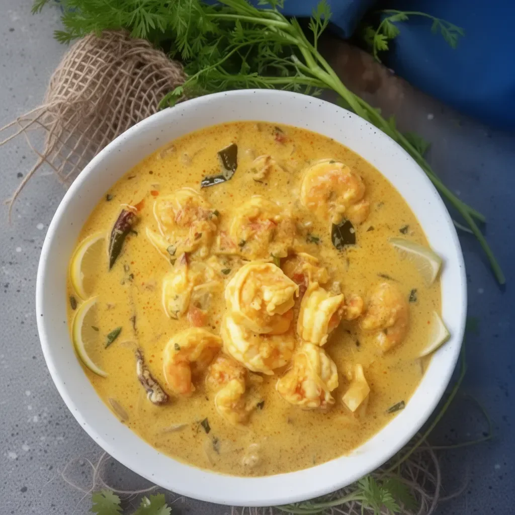 Indian coconut shrimp curry served in a bowl with fresh herbs and spices.