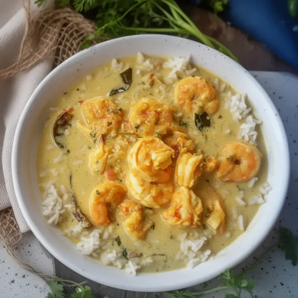Bowl of Indian Coconut Shrimp Curry with fresh herbs and spices
