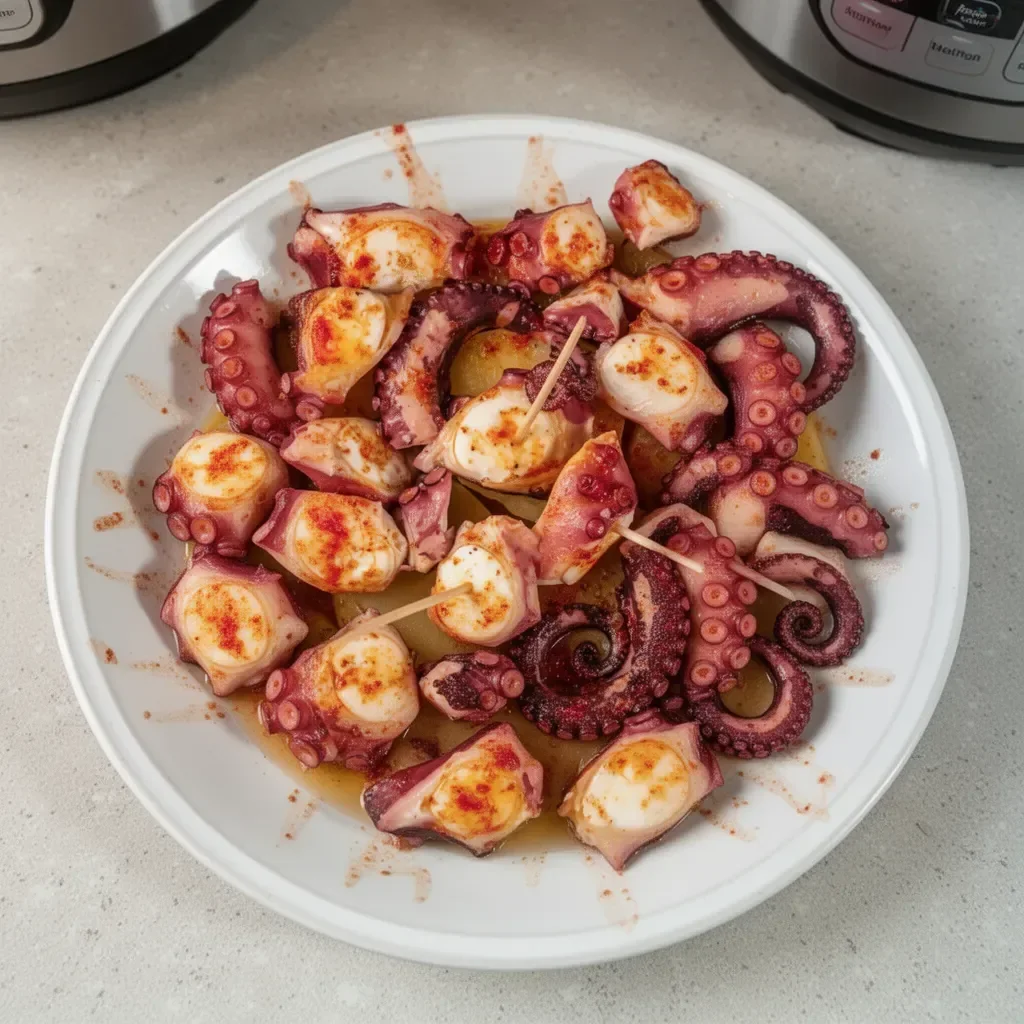 Tender instant pot octopus ready to serve on a plate with garnishes.