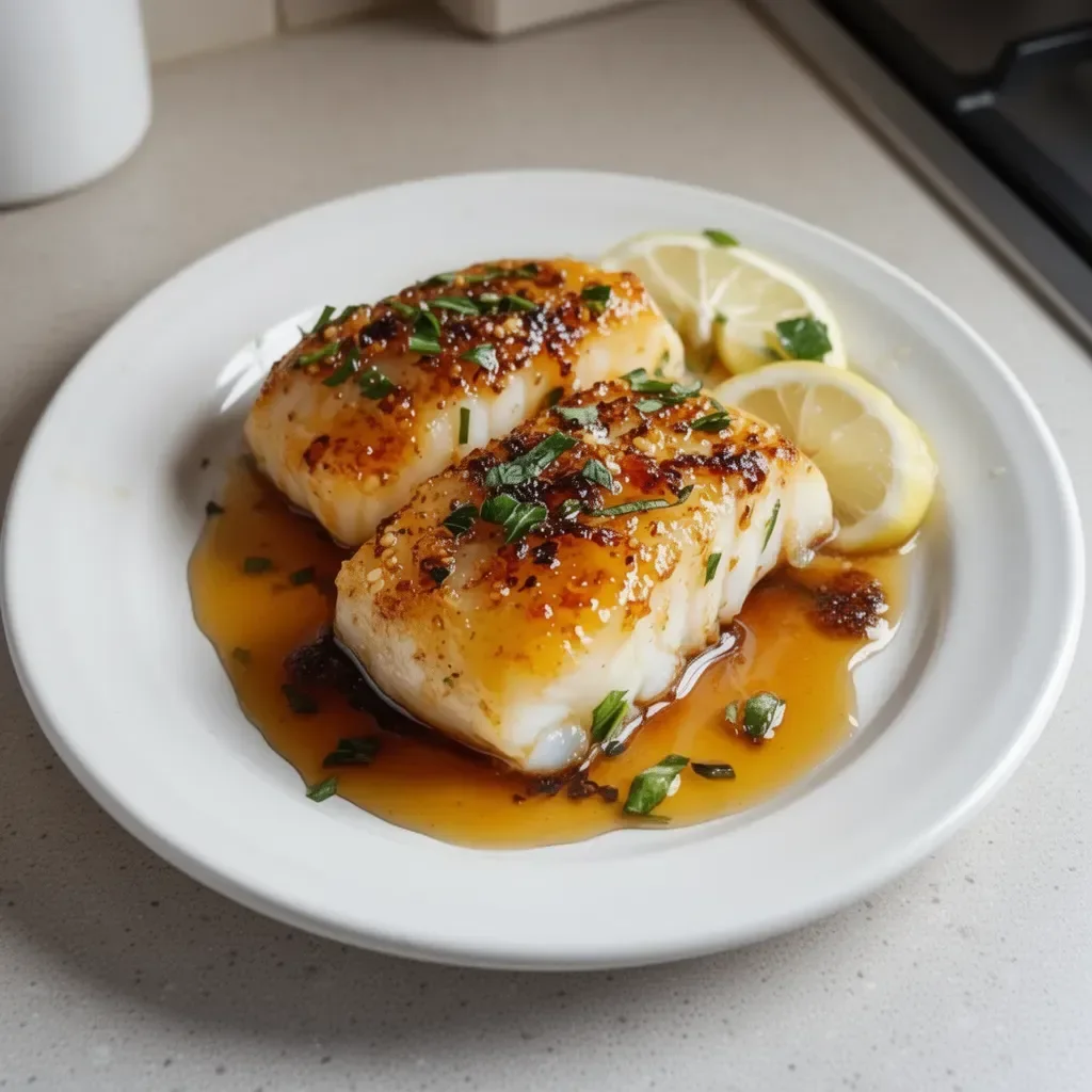 Baked honey marinated cod garnished and ready to serve in 30 minutes