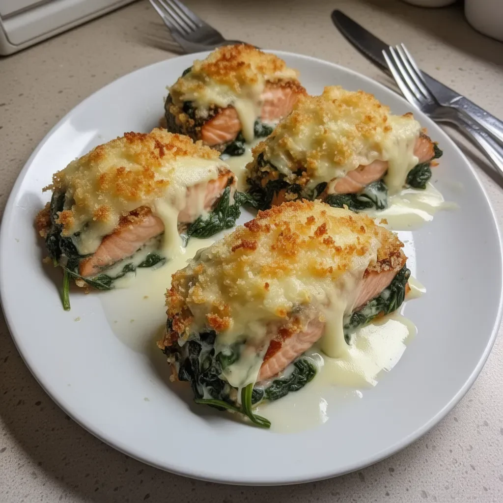 Delicious baked salmon served with spinach and melted mozzarella cheese