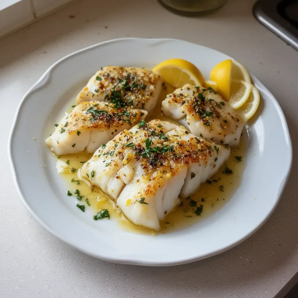 Irresistible lemon garlic butter cod served on a plate with fresh herbs