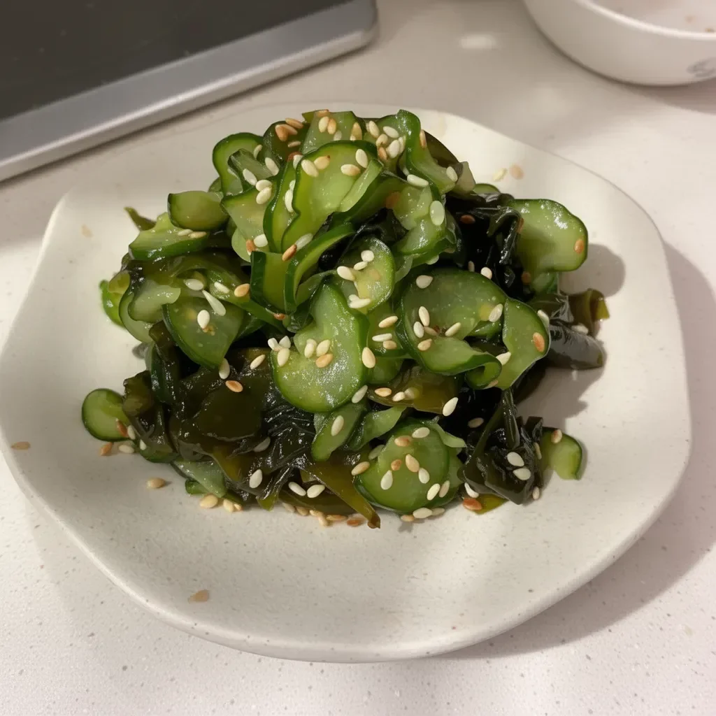 A vibrant bowl of Japanese Cucumber and Seaweed Salad, known as Sunomono.