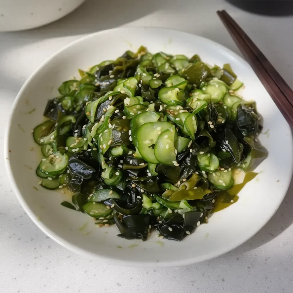 Japanese cucumber and seaweed salad (Sunomono) served in a bowl