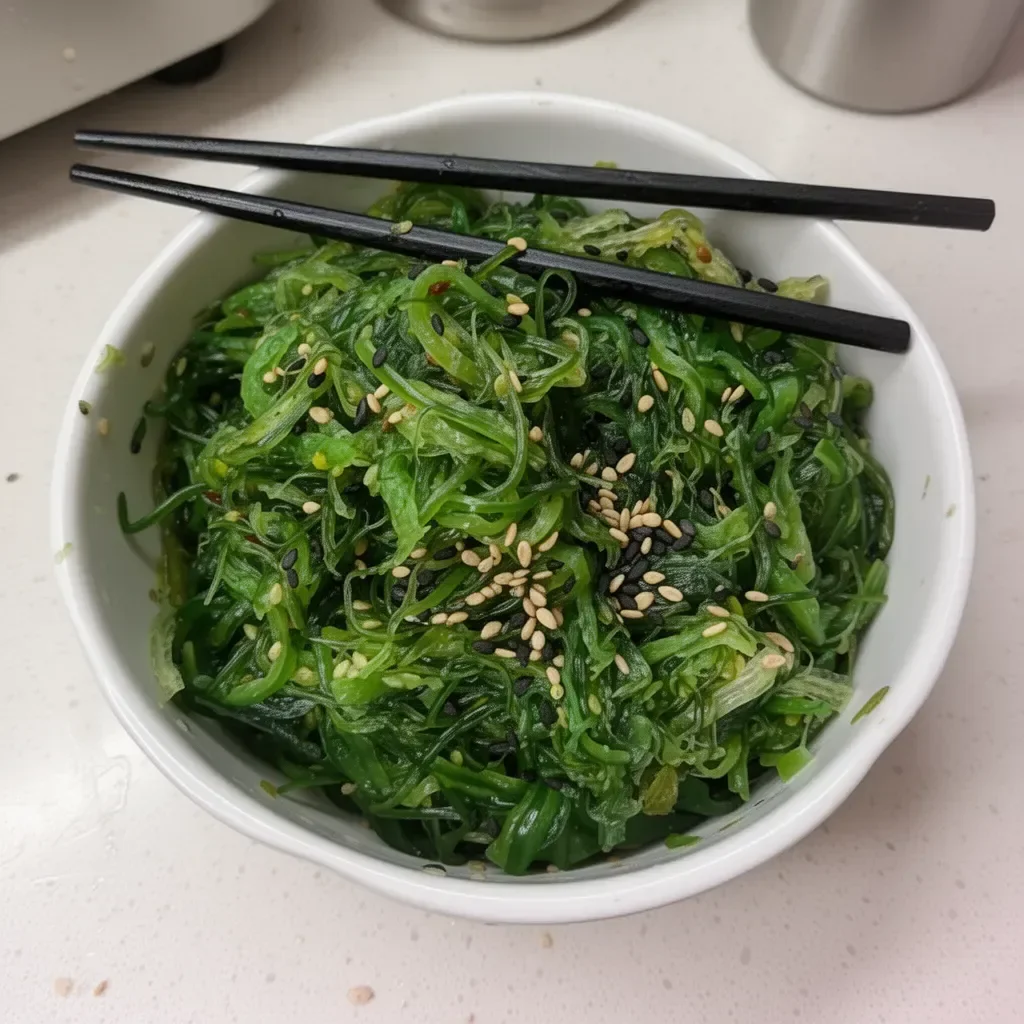 Bowl of Japanese seaweed salad (wakame) garnished with sesame seeds and vegetables.