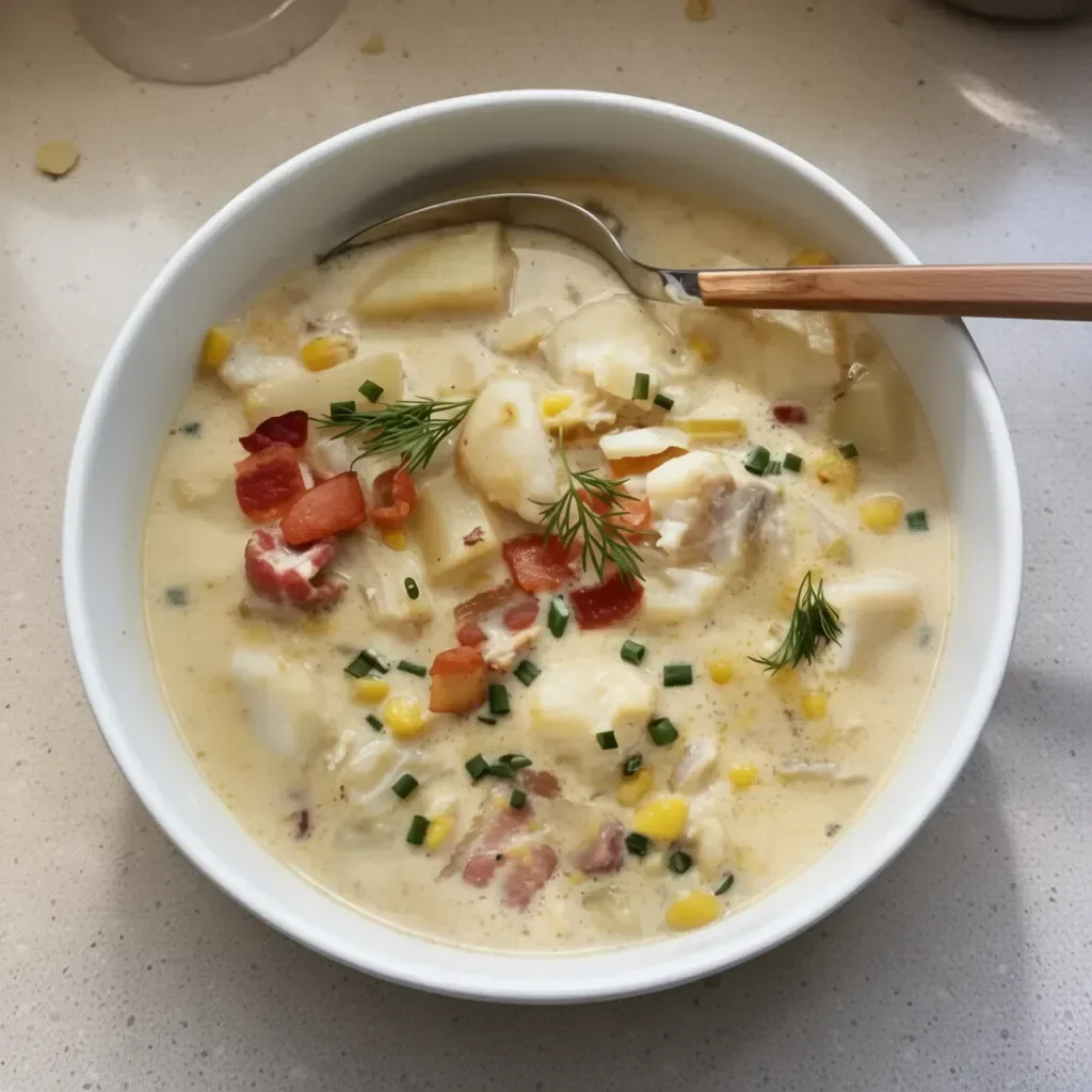 Kardea Brown's flavorful fish chowder served in a bowl with herbs.