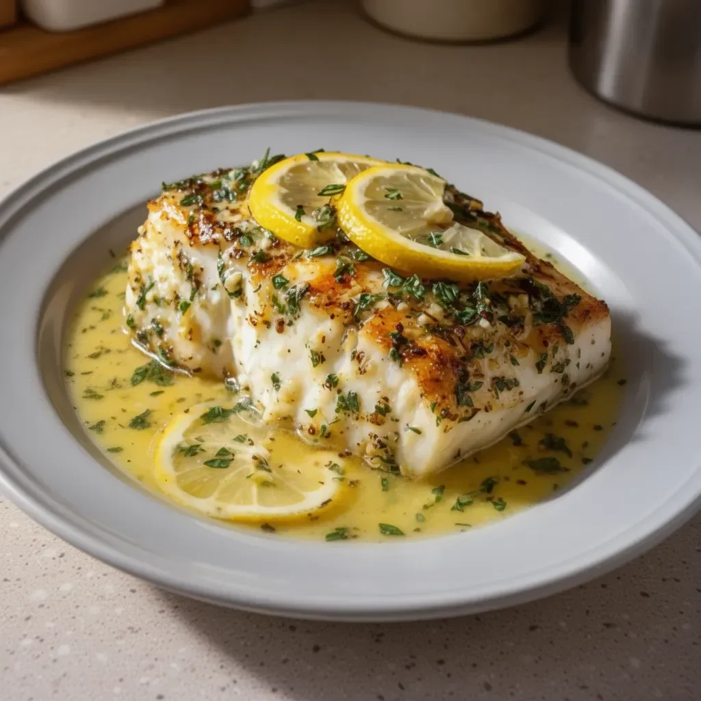 Lemon Herb Butter Halibut plated elegantly with herbs and lemon slices.