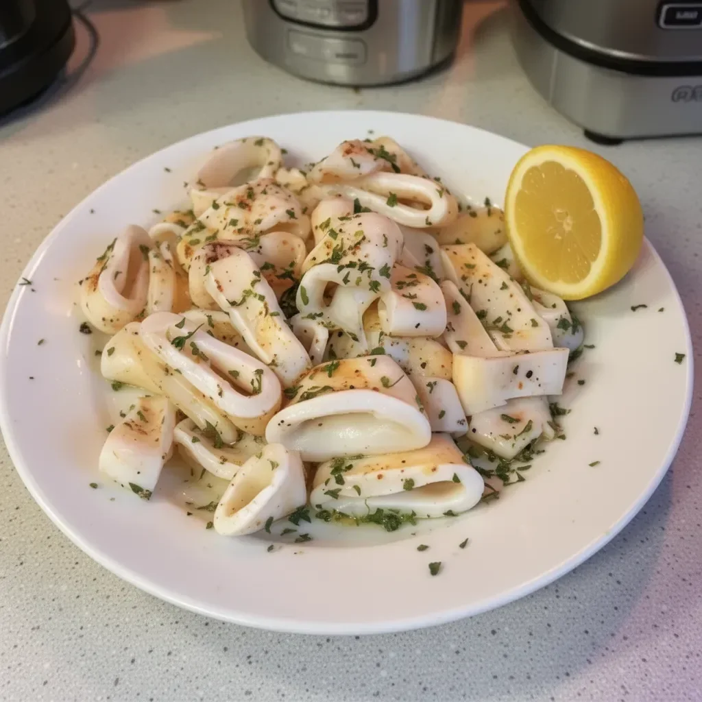 Delicious lemon pepper grilled calamari garnished with herbs