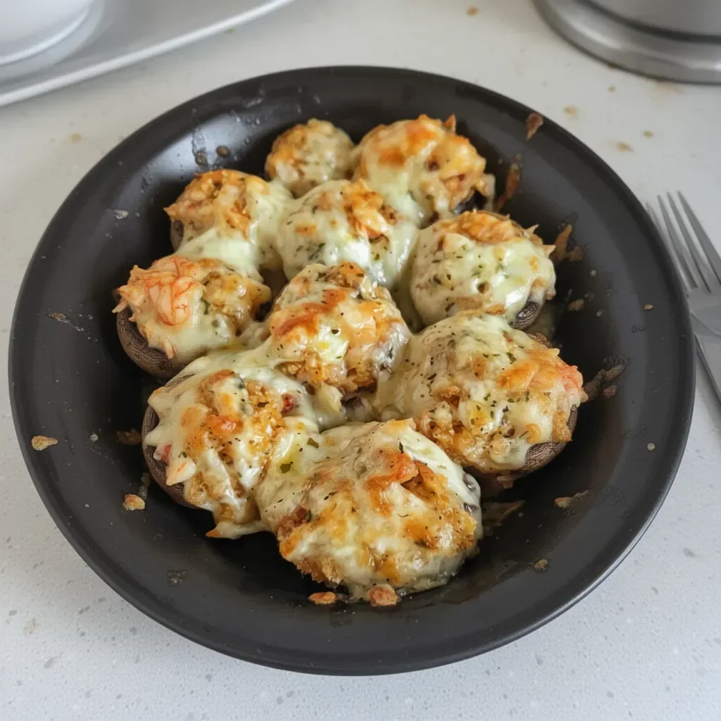 Lobster and crab stuffed mushrooms served on a plate for a gourmet appetizer.