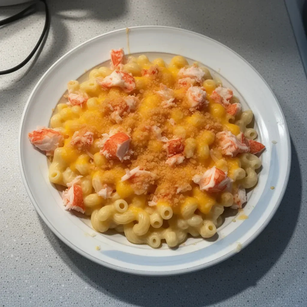 Delicious Lobster Mac & Cheese topped with breadcrumbs and lobster meat.
