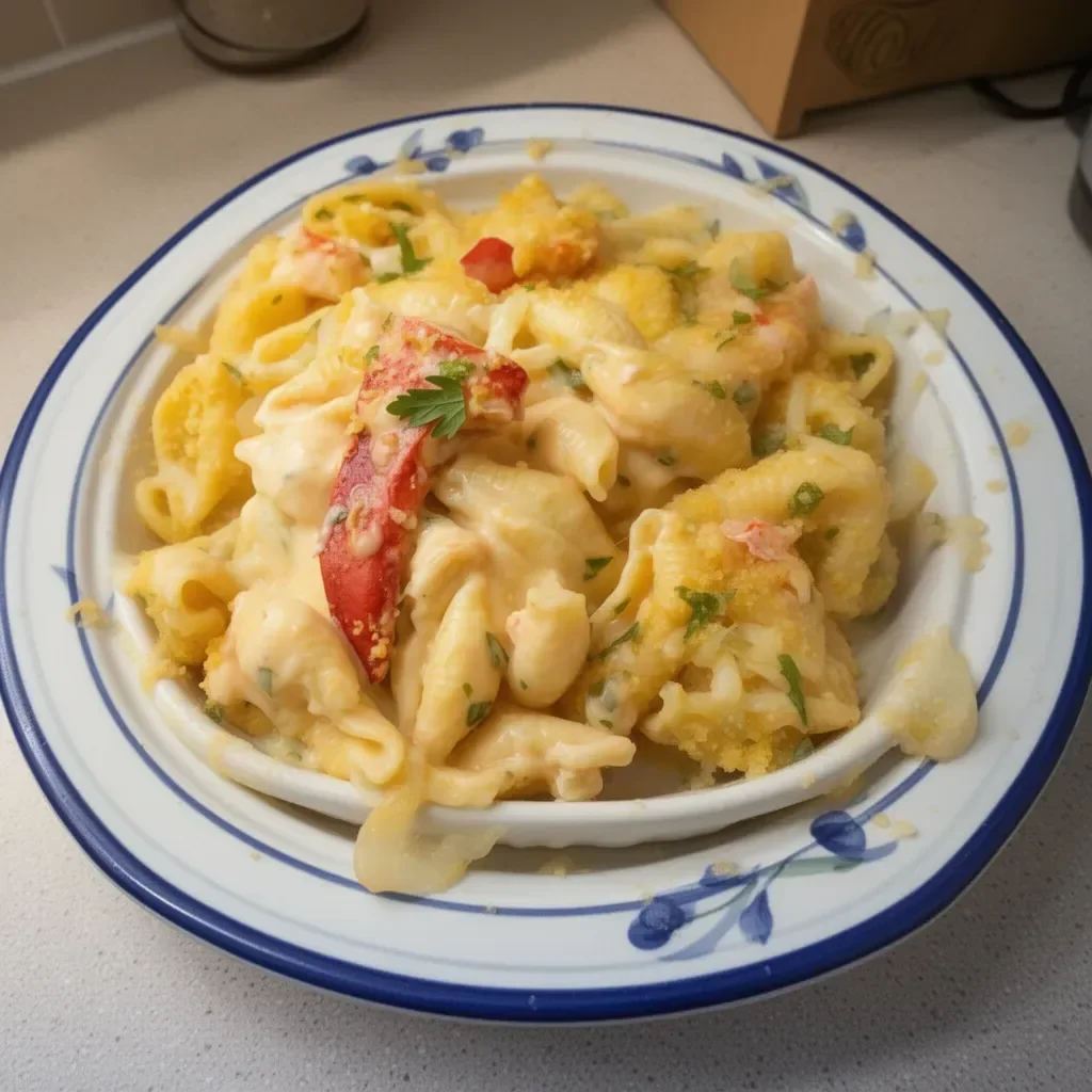 Lobster Macaroni with creamy cheese in a baked shell