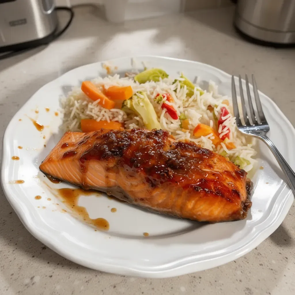 Maple glazed salmon fillet garnished with herbs on a plate