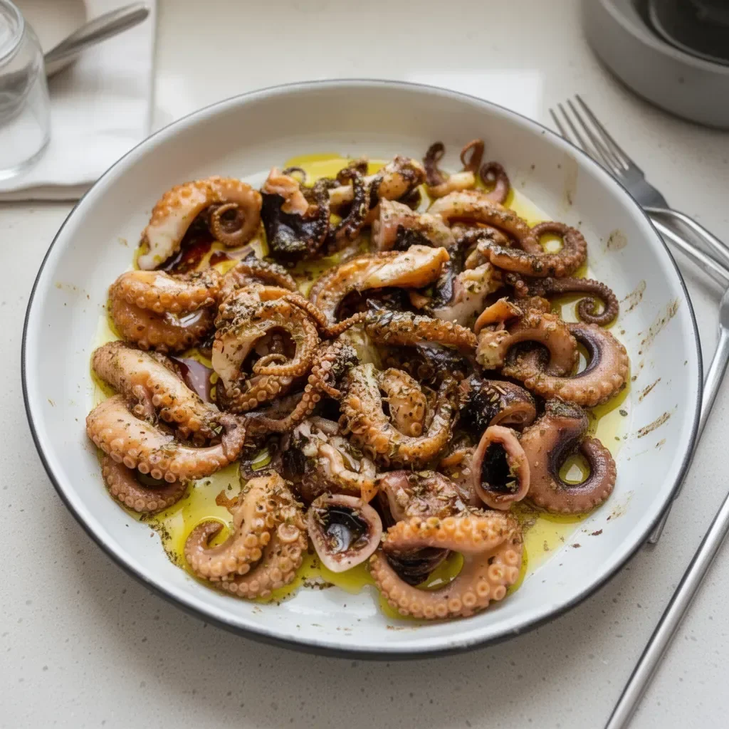 Delicious marinated baby octopus served on a plate with herbs