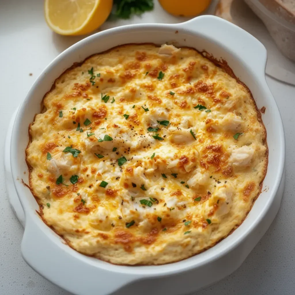 Delicious Maryland crab dip served in a bowl with crackers and herbs.