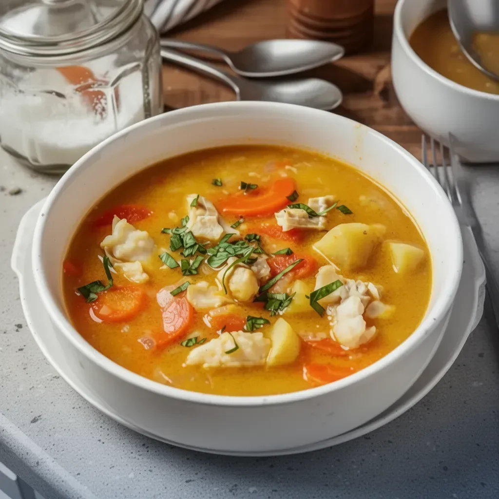 A delicious bowl of Mediterranean fish stew topped with fresh herbs.