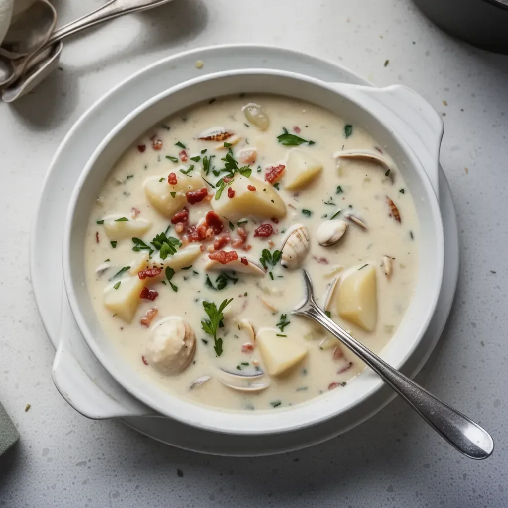 Bowl of New England clam chowder with clams, potatoes, and herbs