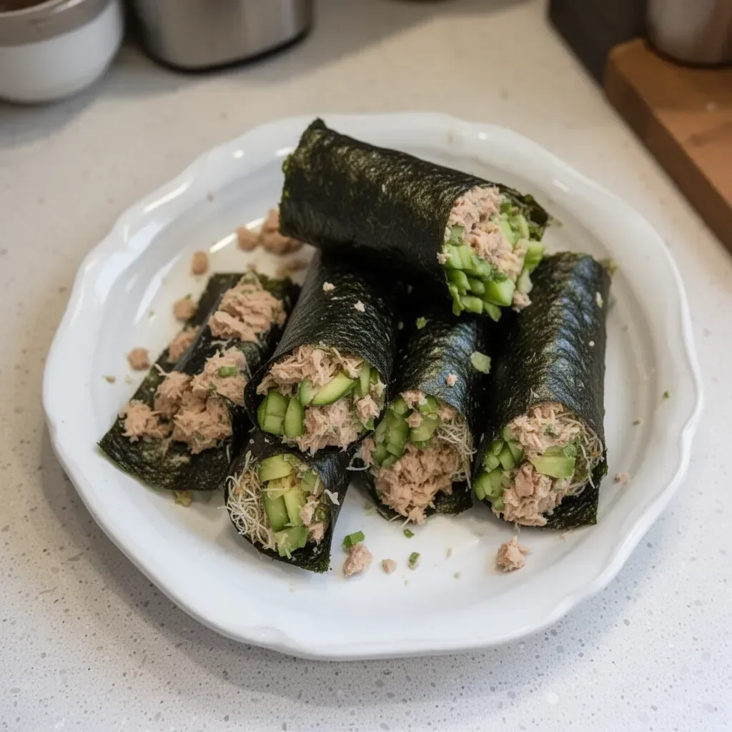 Delicious paleo tuna salad wrapped in nori on a plate.