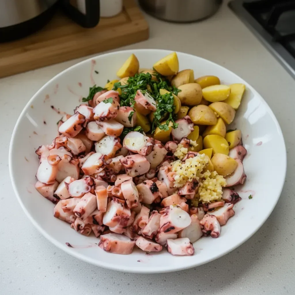 Delicious octopus salad garnished with herbs and served in a bowl.