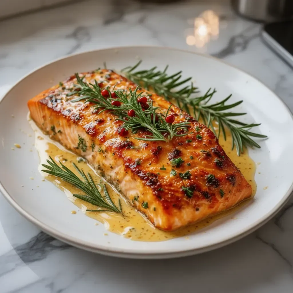 Oven-baked honey mustard salmon served on a plate with fresh herbs.