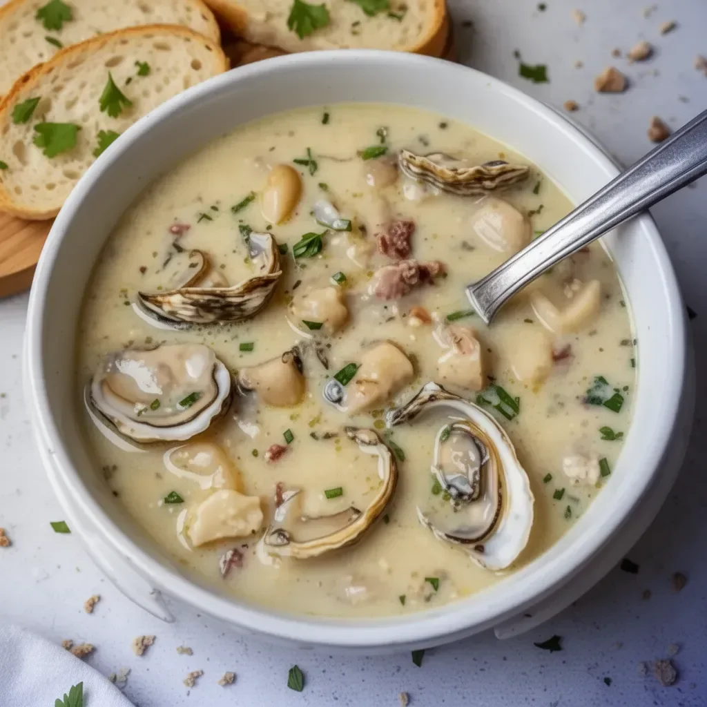 A bowl of creamy oyster stew garnished with herbs and served with crusty bread.