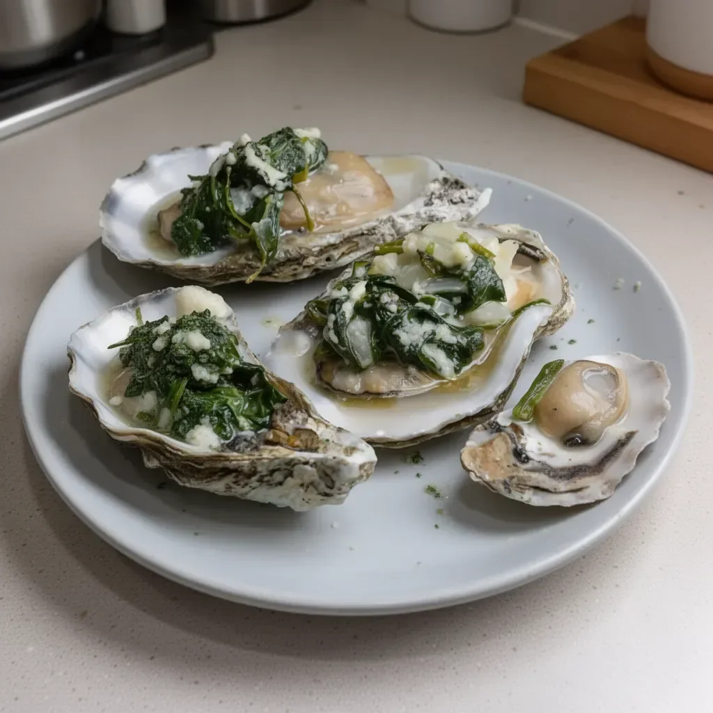 Plate of Oysters Rockefeller garnished with herbs and breadcrumbs.