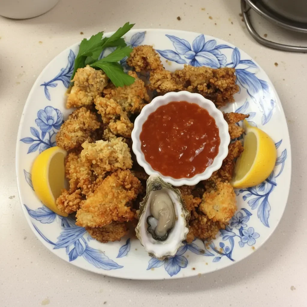 Delicious pan fried oysters served on a plate with lemon and dipping sauce.