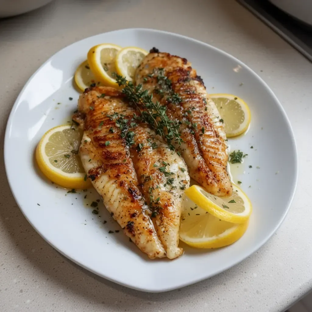 Delicious pan seared tilapia fillet garnished with herbs