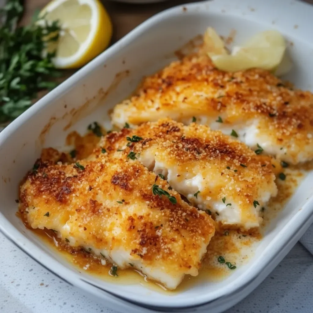 Delicious Parmesan Crusted Cod fillet served with lemon wedges on a plate