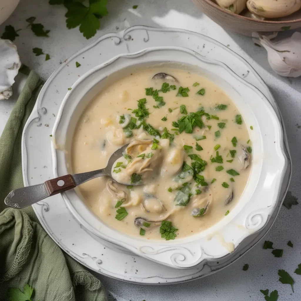 A bowl of Paula Deen's creamy oyster stew topped with parsley.