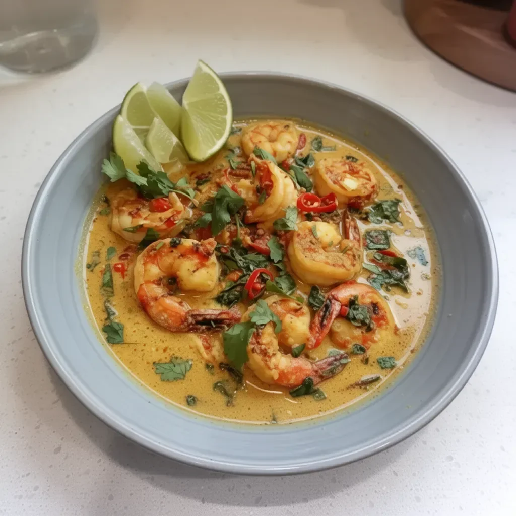 Delicious quick coconut curry with shrimp garnished with fresh herbs
