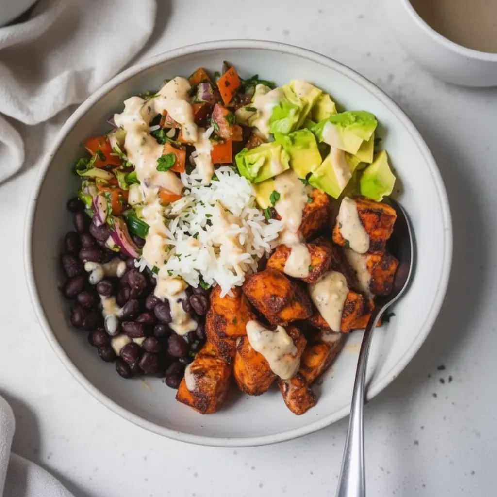 Healthy Salmon Bowl with black beans and fresh vegetables