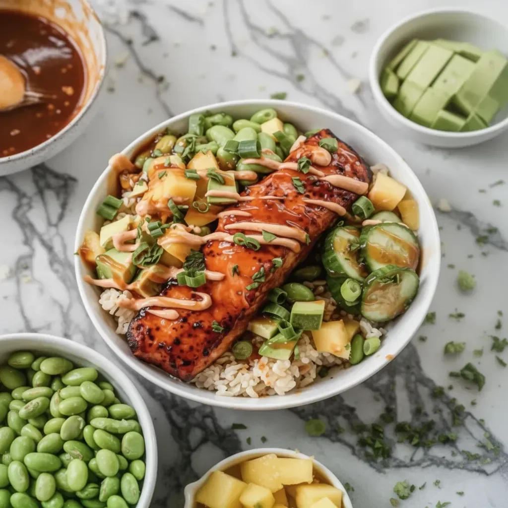 A vibrant salmon bowl featuring fresh ingredients and colorful toppings