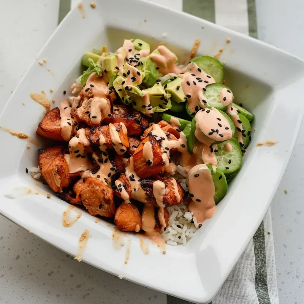A delicious salmon rice bowl topped with fresh vegetables and served in a bowl.