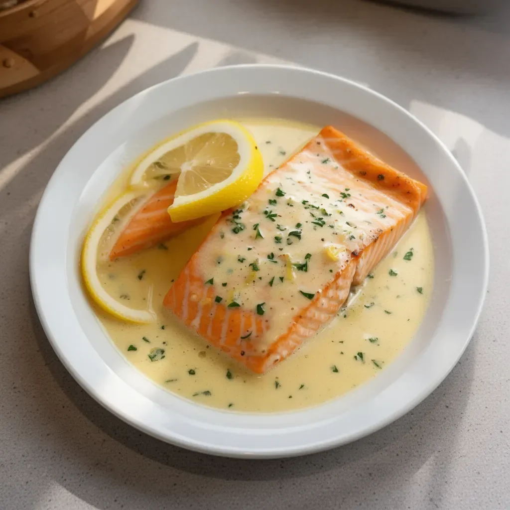 Pan-seared salmon fillet topped with creamy lemon sauce served with vegetables