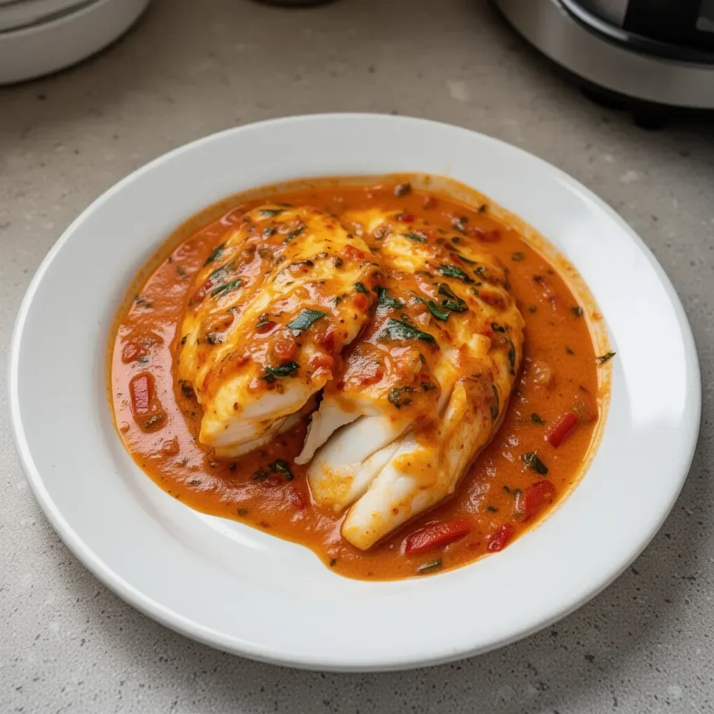 Savory tilapia fillets in roasted pepper sauce served on a plate