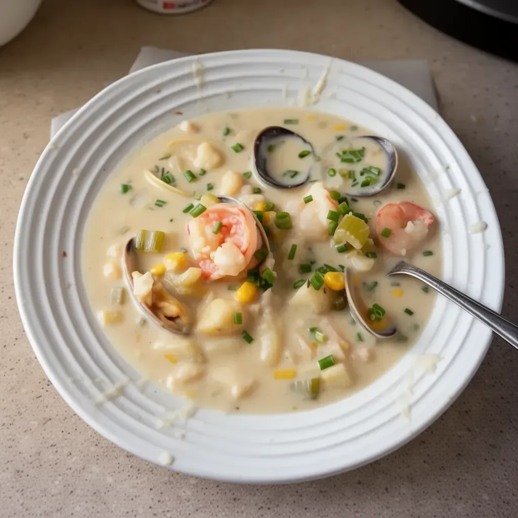 Bowl of creamy Seafood Chowder with shrimp, clams, and herbs